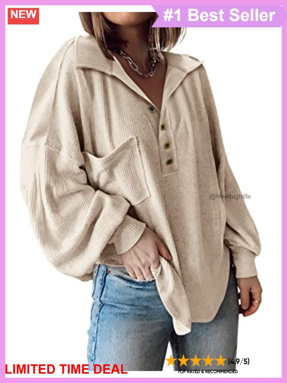 Womens Ribbed Balloon Sleeve Tunic Top V-Neck Loose Fit